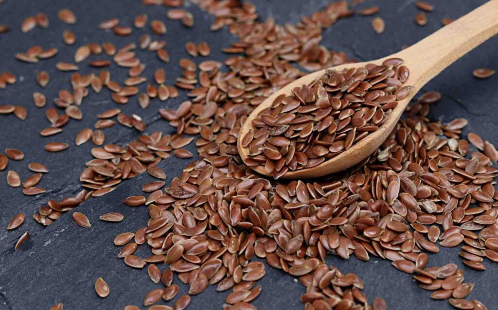 Ground flaxseeds in a spoon