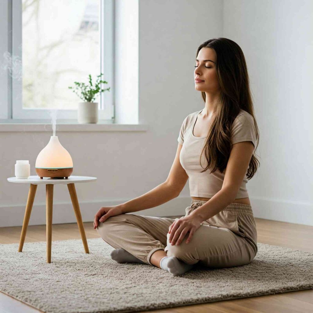 woman meditating with an essential oil diffuser on the side table