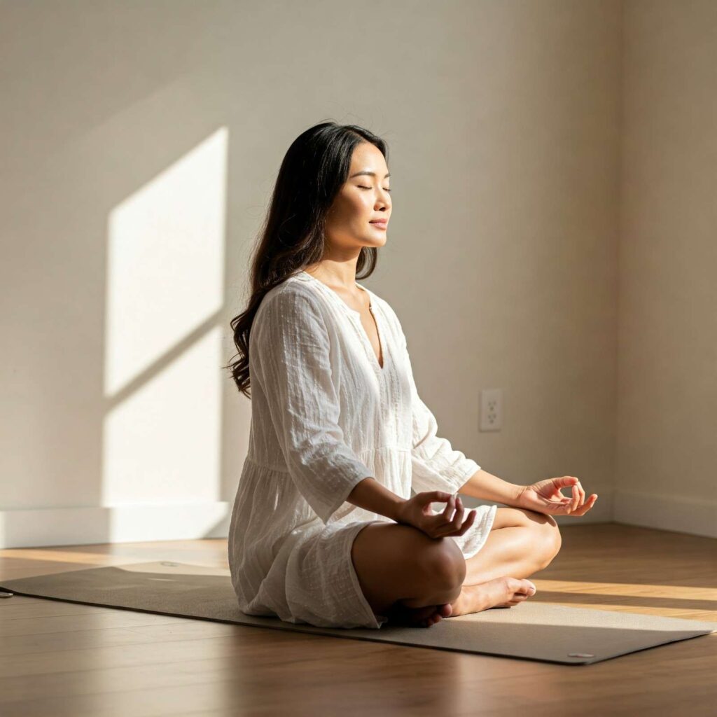Woman in a white dress meditating