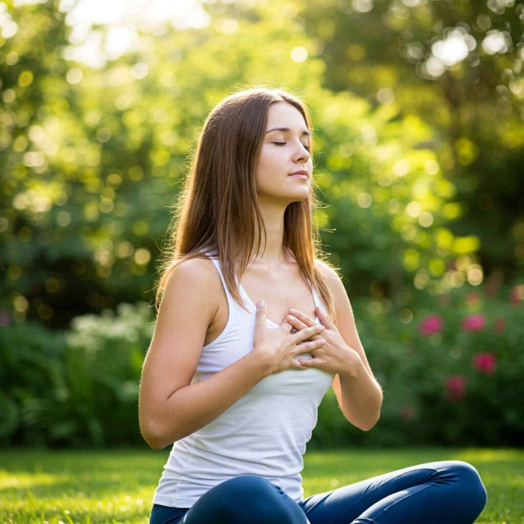 woman doing breathing exercise to relieve stress